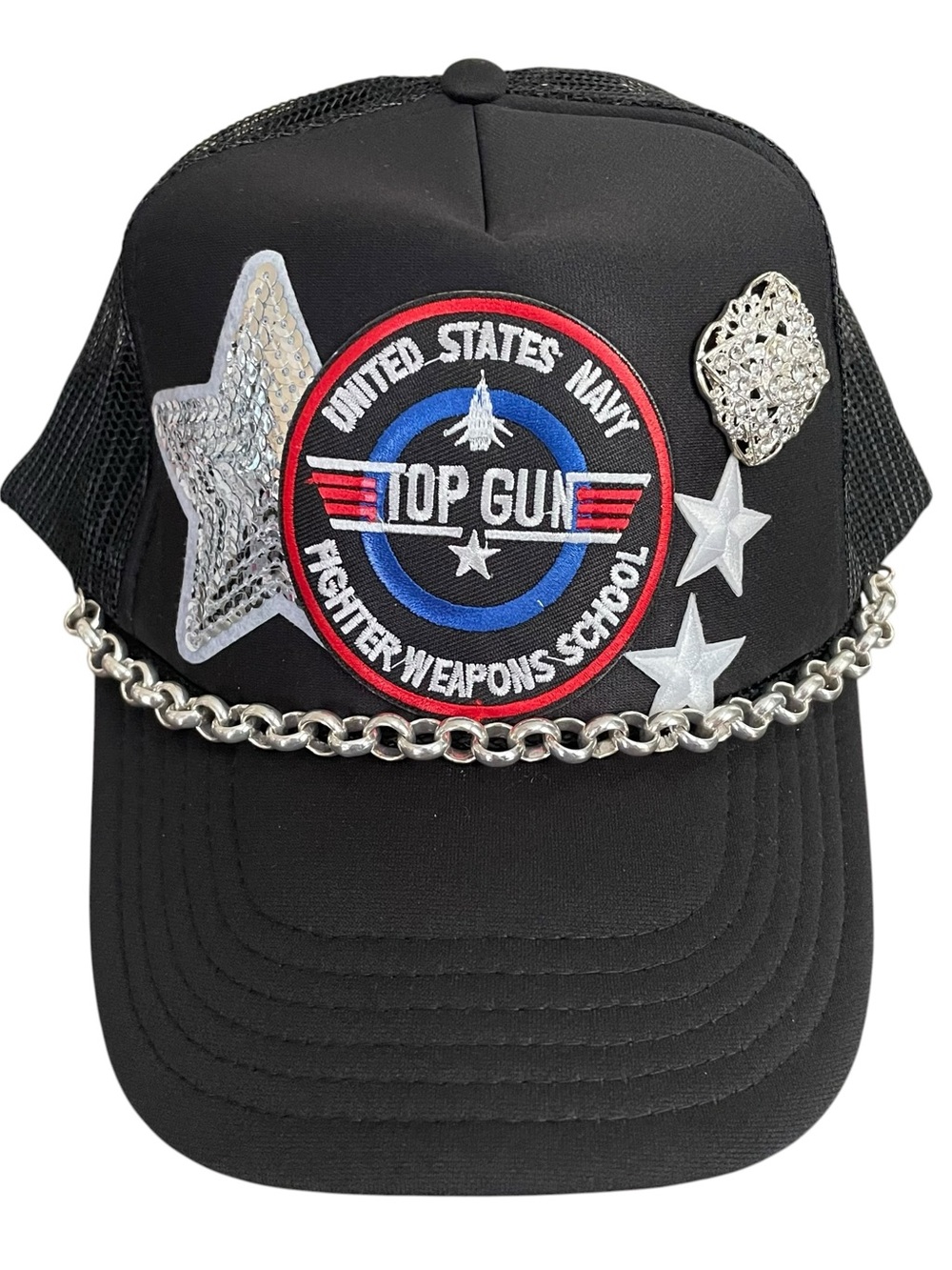 OTTO Top Gun Trucker Hat Black Embellished Chain Rhinestone Patch One Size